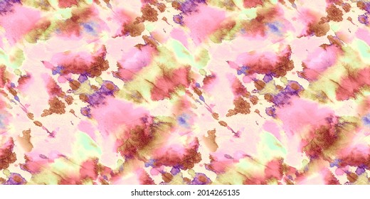 Pink Abstract Watercolor Drops. Bright Tie Dye, Pink Indian Hand Drawn Watercolor Painting.  Seamless Violet Effect Colored Tie Dye Fabrics. Seamless White Paint.
