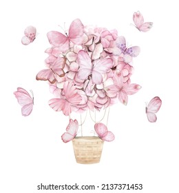 Pink aerostat balloon flowers and butterfly. Watercolor hydrangea. Floral print for wedding card. Hand drawn illustration