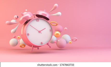 Pink Alarm Clock Surrounded By Geometric Shapes 3d Rendering