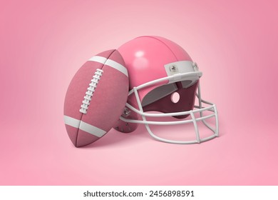 Pink American football helmet and ball. 3D Illustration