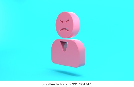 Pink Angry Customer Icon Isolated On Turquoise Blue Background. Minimalism Concept. 3D Render Illustration.