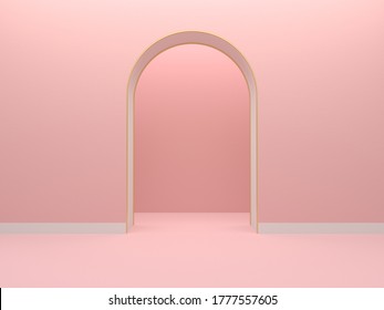 Pink arch wall, Door, Backdrop, Product display, 3D illustration. 