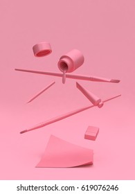 Pink Art Supplies Floating With Pink Background 3d Rendering