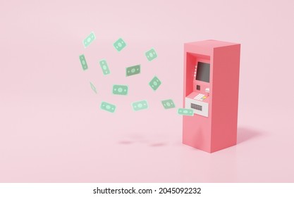 Pink Atm Automatic Deposit Machine Banknote Floating Money Transfer Concept. Into Internet Banking Account, Illustration Cartoon Minimal, Copy Space, Banner, 3d Render