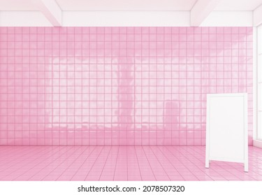 Pink Background Room With White Sign, Pink Wall And Pink Tile Floor, 3d Rendering