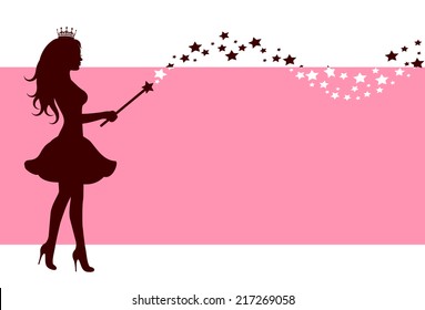 Pink background with a silhouette of a fairy with a magic wand stars