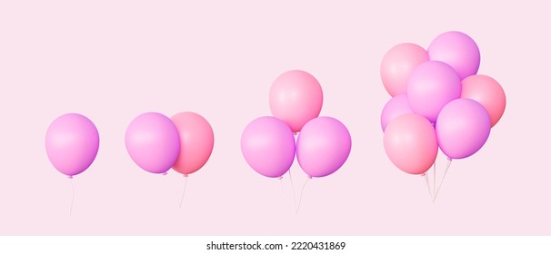 Pink balloons flying on a thread. Decoration Elements for a greeting card on March 8, new year and birthday. 3d rendering illustration isolated on pink background - Powered by Shutterstock