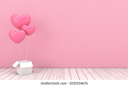 Pink balloons in heart shape floating and open box with wooden floor on pink wall background.Image mock up for advertising of Valentine's day greeting and love in 3d rendering,3d illustration.
