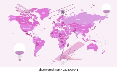 Pink Beautiful World Map With Ballons And Plains.