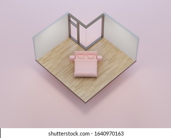 Pink bed on heart shape bedroom in love and sweet home concept. Isometric part of house 3d rendering.