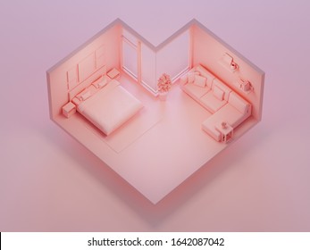 Pink bed and sofa on heart shape bedroom in love or sweet home concept. Isometric part of house 3d rendering. - Powered by Shutterstock