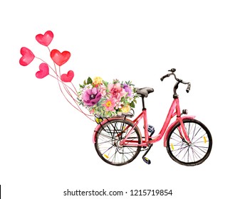 Pink bicycle with hearts and flowers in basket. Watercolor for Valentine day, love, wedding card