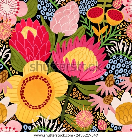 Pink big protea seamless pattern. Bright Australian flowers on dark background. Hand drawn colorful floral print, summer fabric design, tropical mood, botanical textile, wallpaper.