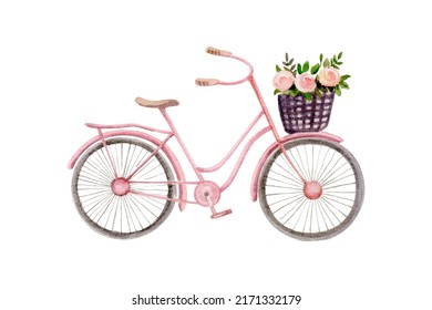 Pink bike with a basket full of flowers. Watercolor illustration isolated on white background.