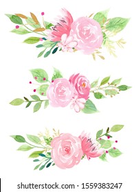 Pink blossoms with leaves watercolor raster illustration set. Hand drawn rose, lotus and sakura painting bundle. Aquarelle botanical drawing pack. Romantic flowers with leafage isolated on white 
