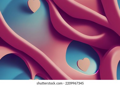 A Pink And Blue Abstract Background With Hearts, There Are Hearts Placed Inside The Curves Of This Abstract Pattern. Seamless Texture