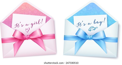 Pink and blue baby shower envelops with bows - Powered by Shutterstock