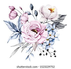 Pink Blue Flowers Leaves Watercolor Floral Stock Illustration ...