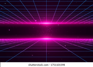 Pink And Blue Grid Background, Perspective View, Futuristic Concept, 80s Retro Style, 3D Illustration.