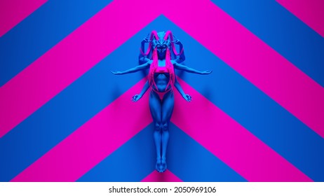 Pink Blue Multi-Armed Voodoo Witch Doctor Woman With Headdress Horns Halloween Horror 3d Illustration Render