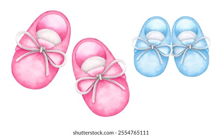 Pink and blue newborn shoes. Watercolor hand drawn illustration isolated on white background. Baby girl or boy, she, he booties for baby shower, gender reveal, birthday party invitation, cards, print. - Powered by Shutterstock