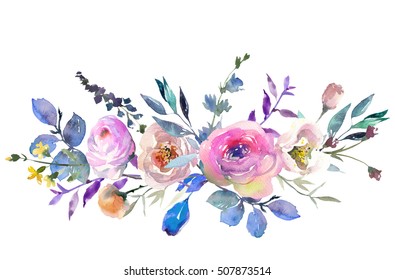 Pink Blue Purple Watercolor Flowers Peonies Stock Illustration ...