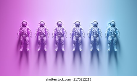 Pink Blue Transgender Pride Vibrant Colours LGBTQ Astronaut Space Woman Space Man Retro Technology Line Up 3d Illustration Render