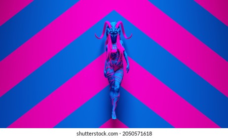 Pink Blue Voodoo Witch Doctor Woman With Headdress Horns Halloween Horror 3d Illustration Render	