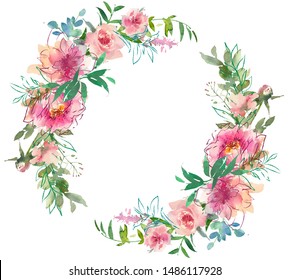 Pink Blush Turquoise Gold Watercolor Floral Arrangement Isolated On White Background