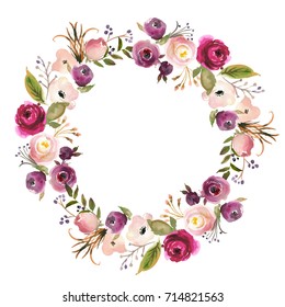 Pink Bordo Peach White Watercolor Floral Wreath 