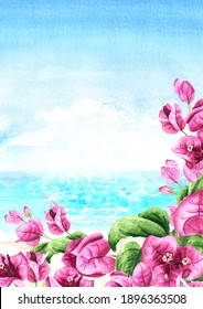 Pink Bougainvillea branches with flowers and leaves frame and sea with blue sky with copy space, Hand drawn watercolor illustration and background