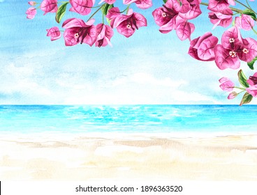 Pink Bougainvillea flowers  frame and sea with blue sky with copy space. Hand drawn watercolor illustration and background