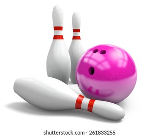 Pink Bowling Ball And Three Pins On A White Background