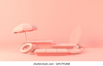 Pink box block square podium palm leaves in Summer pink background. decorate by ball  swim ring sunglasses. scene display stage platform showcase, product, sale, banner, cosmetic, offer. 3D render - Powered by Shutterstock