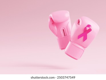 Pink boxing gloves with a breast cancer awareness ribbon on a pink background and copy space for banner design template. Pink October for the fight against breast cancer - Powered by Shutterstock