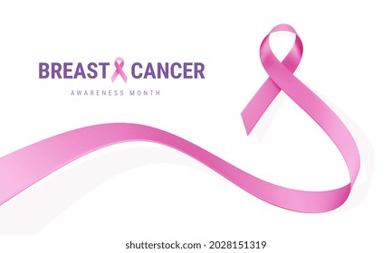 Pink Breast Cancer Awareness Realistic Ribbon with curl and text on White Color Background. 3d Illustration of Symbol of Breast Cancer Awareness Month Campaign. Design for Poster, Banner, Print - Powered by Shutterstock