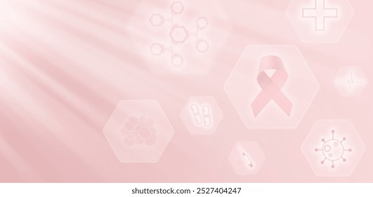 Pink Breast Cancer Awareness Ribbon. Holographic screen icon with lighting pink ribbon in sun rays Breast cancer awareness, October Pink or world cancer day. Science Medical technology. Mock up. - Powered by Shutterstock