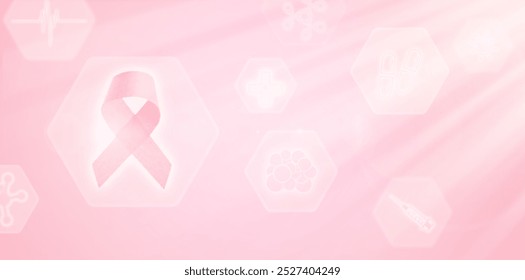 Pink Breast Cancer Awareness Ribbon. Holographic screen icon with lighting pink ribbon in sun rays Breast cancer awareness, October Pink or world cancer day. Science Medical technology. Mock up. - Powered by Shutterstock