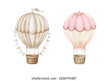 Pink, Brown Hot Air Balloons.
Watercolor Illustration Isolated On White Background.