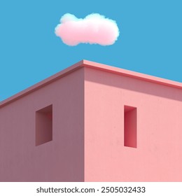 Pink building with windows space isolate under on clouds blue sky background. 3D Render. Minimal Architecture idea concept.