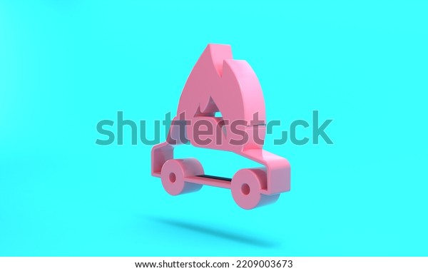 Pink Burning car icon isolated on\
turquoise blue background. Car on fire. Broken auto covered with\
fire and smoke. Minimalism concept. 3D render\
illustration.