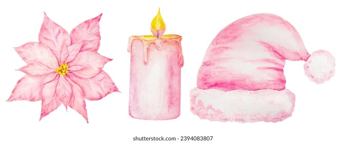 Pink burning wax candle, poinsettia, Santa hat. Hand drawn watercolor illustration. Good for event, Christmas and Happy New Year prints and decorations, invitations, cards, wedding designs. - Powered by Shutterstock