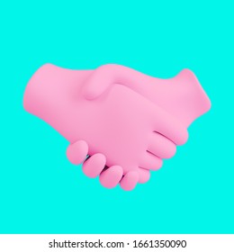 Pink business handshake emoji isolated on turquoise background. Partnership and agreement symbol. Minimal design art. 3d illustration.