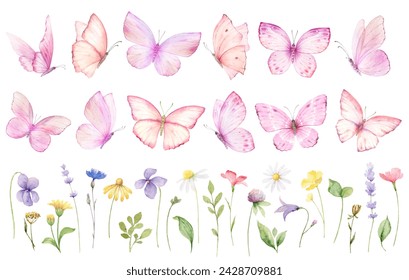 Pink Butterflies clipart set. Wildflowers and herbs. Watercolor hand painted illustration. Party invitation, birthday celebration, wedding design. Spring or summer decoration. - Powered by Shutterstock