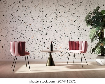 Pink Cahir Next To Table In Colorful Living Room Interior With Terrazzo Wall Tiles. 3D-Illustration