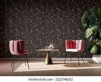 Pink Cahir Next To Table In Colorful Living Room Interior With Black Terrazzo Wall Tiles. 3D-Illustration