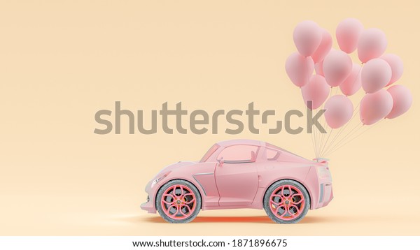 Pink car and pink balloon pastel\
color on yellow background. Minimal idea concept, 3D\
Render.