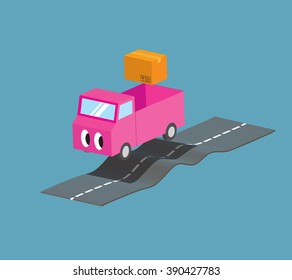 Pink Car Flies Over A Piece Of Bumpy Road