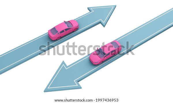 pink car go in different directions arrows\
isolated on white. 3d\
rendering