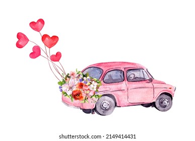 Pink car with hearts and flowers . Watercolor automobile for wedding, love design, save date card, Valentine day 